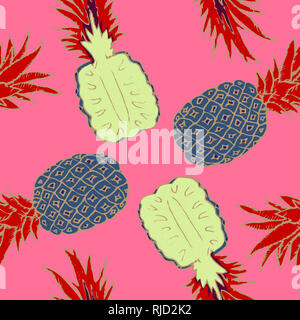 Ananas, nahtlose Muster Design, Hand gezeichnet Doodle, Skizze im Pop Art Stil, Farbe Abbildung, Öl malerei Nachahmung auf rosa Hintergrund Stockfoto