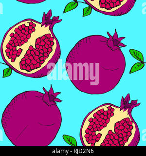 Granatapfel, nahtlose Muster Design, Hand gezeichnet Doodle, Skizze im Pop Art Stil, Farbe Illustration, blauer Hintergrund Stockfoto