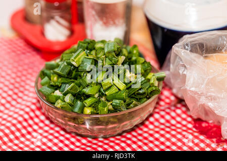 Nahaufnahme der gehackten Frühlingszwiebeln Frühlingszwiebeln in Glasschale homegrown Garten produzieren mit Rot karierte Tischdecke Ukraine oder Russland datscha Land rustikalen Stockfoto