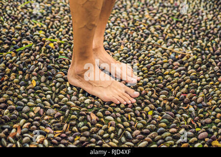 Menschen gehen auf eine strukturierte, mit Kopfstein Pflaster, Reflexzonenmassage. Pebble Stones auf dem Bürgersteig für Fußreflexzonenmassage. Stockfoto