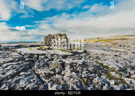 Stark verwitterte Kalkstein Pflaster mit großen findling an Poulsallagh in der Nähe der Atlantikküste des Burren, County Clare, Irland Stockfoto