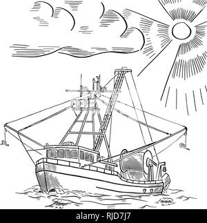 Angeln Schiff. Lachs angeln Boot. Alaska. Hand gezeichnet Gravur. Vector Illustration. Stock Vektor
