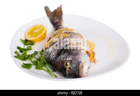 Dorade im Ofen gebacken mit Orange und Petersilie serviert. Auf weissem Hintergrund Stockfoto