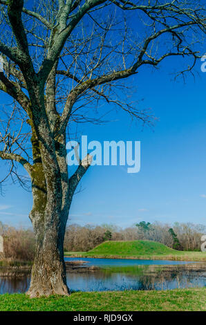 Die Sonne auf einem der 26 Indian Mounds, die bei den archäologischen Park Moundville in Moundville, Alabama entdeckt wurde. Stockfoto