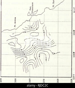 . Änderungen in der Kalifornischen aktuelle System beobachtet aus nördlichen Kalifornien während Juli-August 1986. Meereskunde, Ozeanographie Pacific Coast (Calif); Meeresströmungen im Pazifischen Ozean; Messung; Upwelling (Ozeanographie). r ist. Abbildung 3.23 OPTOMA 22 (A) Oberfläche dynamische Topographie und (B) Oberfläche geostrophischen Strömung. 50. Bitte beachten Sie, dass diese Bilder sind von der gescannten Seite Bilder, die digital für die Lesbarkeit verbessert haben mögen - Färbung und Aussehen dieser Abbildungen können nicht perfekt dem Original ähneln. extrahiert. Beasley, Michael E.; Batteen, Mary L.. Monterey, Californi Stockfoto