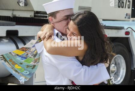 POLARIS, Guam (23.01.2018) ein Matrose zum u-boot Tender USS Frank Kabel zugewiesen (40), vereint mit seinem Partner während seiner Heimkehr zu Apra Harbor, Guam, 31.01.23. Frank Kabel ging Guam März 7, 2017, Unterstützung der maritimen expeditionary Operations in der dritten Flotte Fläche von Operationen und machte einen trockendock Wartung Verfügbarkeit am Vigor Industrial Werft in Portland, Erz Frank Kabel eingeführt, nach Guam, Reparaturen, rearm und reprovisions eingesetzt waren, U.S. Naval Forces im Indo-pazifischen Region. Stockfoto