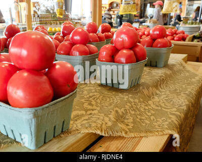 Farm Fresh beefsteak Tomaten auf der Anzeige für den Verkauf in einem ländlichen Alabama Bauernmarkt oder am Straßenrand Markt in Hecht Straße Alabama, USA. Stockfoto