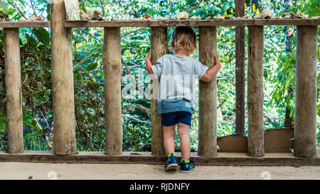 Ein schönes Foto eines jungen Kindes stehen am Rand von einem Balkon und Blick auf die schöne grüne Dschungel der Halbinsel Osa, Costa Rica Stockfoto