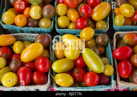 Körbe mit frischen kleinen heirloom Tomaten zum Verkauf an einer Farmers Market Stockfoto