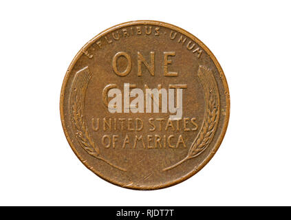 Alte gebrauchte United Weizen ohr Staaten einen Cent Kupfer penny Münze isoliert auf weißem Stockfoto