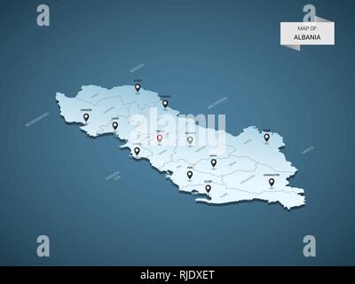 Isometrische 3D-Albanien Karte, Vector Illustration mit Städten, Ländergrenzen, Kapital, administrative divisions und Zeiger markiert; Gradient blauen Hintergrund. C Stock Vektor