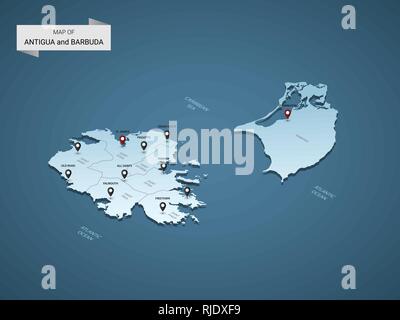 Isometrische 3D-Antigua und Barbuda Karte, Vector Illustration mit Städten, Ländergrenzen, Kapital, administrative divisions und Zeiger markiert; Farbverlauf blau Ba Stock Vektor