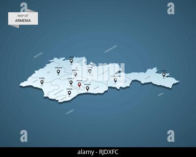 Isometrische 3D-Armenien Karte, Vector Illustration mit Städten, Ländergrenzen, Kapital, administrative divisions und Zeiger markiert; Gradient blauen Hintergrund. C Stock Vektor