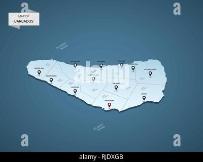 Isometrische 3D-Barbados Karte, Vector Illustration mit Städten, Ländergrenzen, Kapital, administrative divisions und Zeiger markiert; Gradient blauen Hintergrund. Stock Vektor