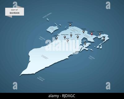 Isometrische 3D-Bahrain Karte, Vector Illustration mit Städten, Ländergrenzen, Kapital, administrative divisions und Zeiger markiert; Gradient blauen Hintergrund. C Stock Vektor