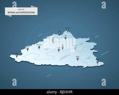 Isometrische 3D-Bosnien und Herzegowina Karte, Vector Illustration mit Städten, Ländergrenzen, Kapital, administrative divisions und Zeiger markiert; Farbverlauf blau Stock Vektor