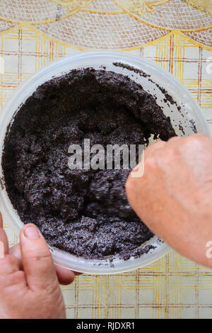Der Chef mischt Eiweiß mit Mohn Kuchen 2019 vorbereiten Stockfoto