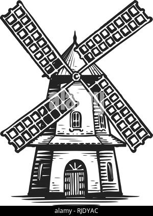 Alte Windmühle aus Holz, Skizze. Landwirtschaft, Landwirtschaft, Bäckerei Logo oder Label. Vintage Vector Illustration Stock Vektor