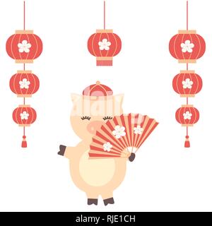 Cute cartoon Vektor chinesisches neues Jahr des Schweins mit Schwein Charakter Design mit Ventilator und Lampions Stock Vektor