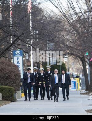 Verteidigungsminister James N. Mattis kündigt die nationalen Verteidigungsstrategie an der Johns Hopkins University School of Advanced International Studies in Washington, 31.01.19. Stockfoto