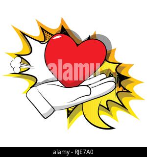 Vektor cartoon Hand mit roten Herzen. Illustrierte Zeichen auf Comic Hintergrund. Stock Vektor