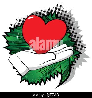 Vektor cartoon Hand mit roten Herzen. Illustrierte Zeichen auf Comic Hintergrund. Stock Vektor