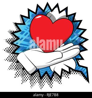 Vektor cartoon Hand mit roten Herzen. Illustrierte Zeichen auf Comic Hintergrund. Stock Vektor