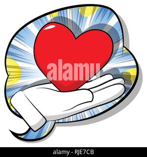 Vektor cartoon Hand mit roten Herzen. Illustrierte Zeichen auf Comic Hintergrund. Stock Vektor