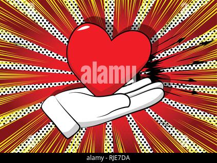 Vektor cartoon Hand mit roten Herzen. Illustrierte Zeichen auf Comic Hintergrund. Stock Vektor
