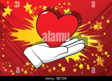 Vektor cartoon Hand mit roten Herzen. Illustrierte Zeichen auf Comic Hintergrund. Stock Vektor