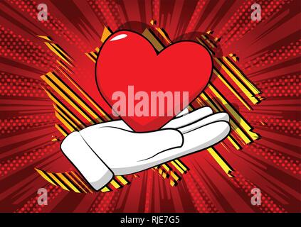 Vektor cartoon Hand mit roten Herzen. Illustrierte Zeichen auf Comic Hintergrund. Stock Vektor