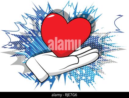 Vektor cartoon Hand mit roten Herzen. Illustrierte Zeichen auf Comic Hintergrund. Stock Vektor