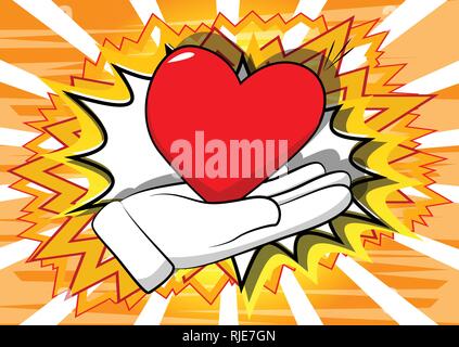 Vektor cartoon Hand mit roten Herzen. Illustrierte Zeichen auf Comic Hintergrund. Stock Vektor