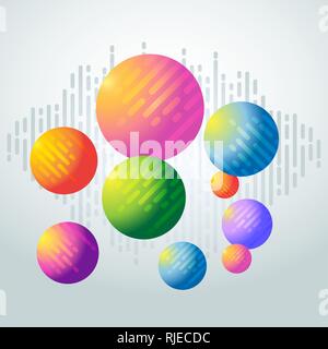 Bunte, abstrakte Darstellung der Kugeln mit Linien im Hintergrund. Geometrische Formen in unterschiedlichen hellen, lebhaften Farben. Stock Vektor