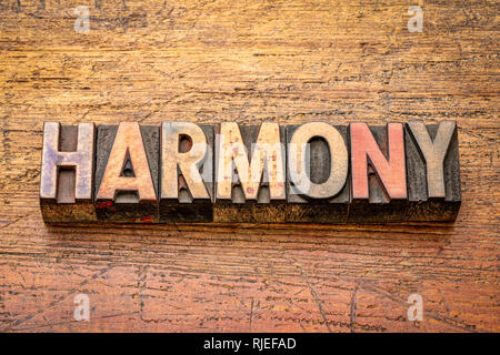 Harmonie Wort in Vintage buchdruck Holz Bausteine vom Typ Stockfoto