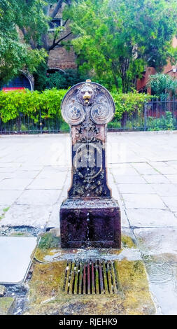 Trinkwasser Brunnen mit Löwenkopf in Venedig, Italien und leichte grafische Wirkung Stockfoto