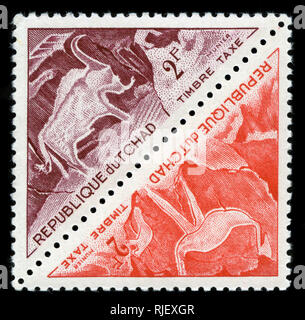 Postmarked Briefmarken aus dem Tschad im prähistorischen Felsgravuren im Tibesti-gebirge Serie aus dem Jahr 1962 Stockfoto