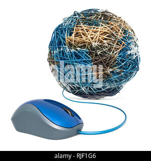 Computer Maus mit Globus von LAN-Kabel. Globales Netzwerk Konzept. 3D-Rendering auf weißem Hintergrund Stockfoto