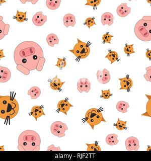 Nahtlose Muster von Schweine- und CAT-Köpfen. Vector Illustration im Cartoon Stil. Stock Vektor