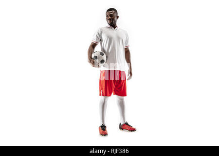 Professionelle African American Football soccer Player stehen auf weißen studio Hintergrund isoliert. Stockfoto