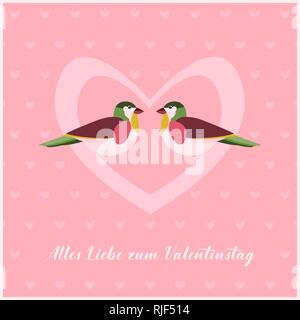 Happy Valentines Tag Karte mit zwei Vögel im Herzen. Kleinen Herzen Muster für den Hintergrund. Text in Deutsch: Alles Liebe zum Valentinstag als Happy Valentine Stock Vektor