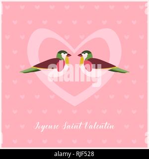 Happy Valentines Tag Karte mit zwei Vögel im Herzen. Kleinen Herzen Muster für den Hintergrund. Text in Deutsch: Joyeuse Saint Valentin als Happy Valentines Tag. Stock Vektor
