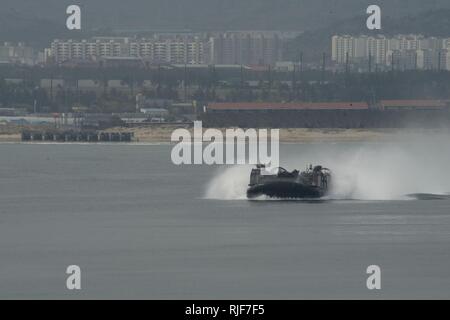 POHANG, Republik Korea (11. April 2014) - eine Landing Craft air cushion (LCAC), zugeordnet zu den Naval Beach (NBU) 7, Transporte, Elemente aus dem 31 Marine Expeditionary Unit (MEU) auf Whidbey Island-Klasse amphibische Landung dock Schiff USS Ashland (LSD 48). Ashland ist Teil der Bonhomme Richard Amphibious Ready Gruppe und ist die Durchführung der gemeinsamen Kraft amphibische Operationen in den USA 7 Flotte Bereich der Operationen mit der 31 Marine Expeditionary Unit (MEU) und Commander amphibischen Squadron Elf. Stockfoto