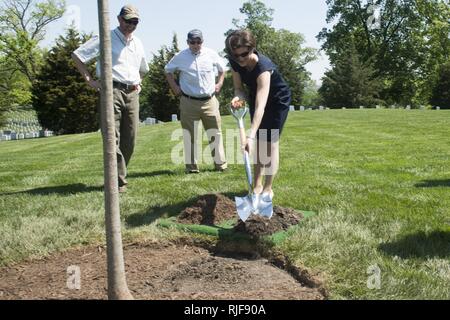 Katharine Kelley, Betriebsleiter, Arlington National Cemetery, nimmt teil an einem Baum einpflanzen Zeremonie in Abschnitt 34 der Arlington National Friedhof für Arbor Day", 28. April 2017. Jedes Jahr den Friedhof pflanzen einen Baum und führt eine Tour für Arbor Day. Stockfoto