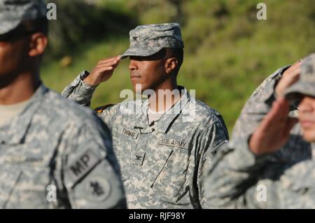 Guantánamo Bay, Kuba - Joint Task Force Guantanamo gemeinsame Haft Kommandeur, Oberst Donnie Thomas grüßt, während "Farben" auf Cooper Feld, Nov. 16, 2010. Stockfoto