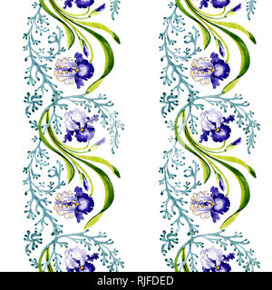 Blue Iris Blumen botanischen Blume. Wild Federblatt isoliert. Aquarell Abbildung. Aquarell Zeichnung mode Aquarelle. Nahtlose Hintergrund Stockfoto