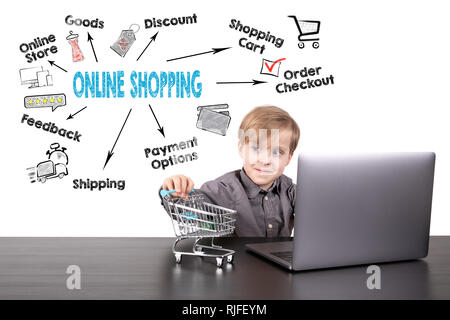 Online Shopping Konzept. Diagramm mit Stichworten und Symbole. Junge mit Laptop Stockfoto