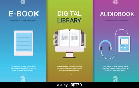 E-Konzepte für digitale Hörbücher Sammlung online Bibliothek Buch Bildung e-Learning, Bücher zu lesen Technologie waagrechten Kopie Raum Stock Vektor
