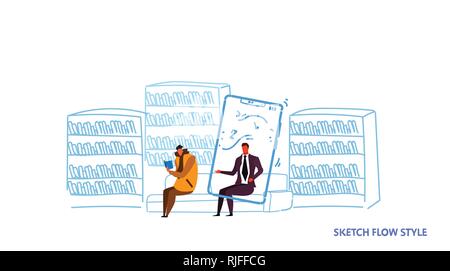 Zwei Männer sitzen Couch lesen Buch und über mobile App Hören audio book e-learning Bibliothek Bildung Konzept innere Skizze flow Stil Stock Vektor