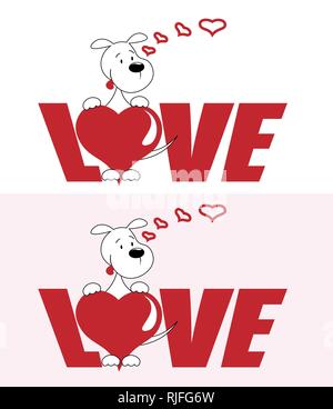 Inschrift Liebe mit Herz und fröhliche Welpen für Valentines Tag Stock Vektor